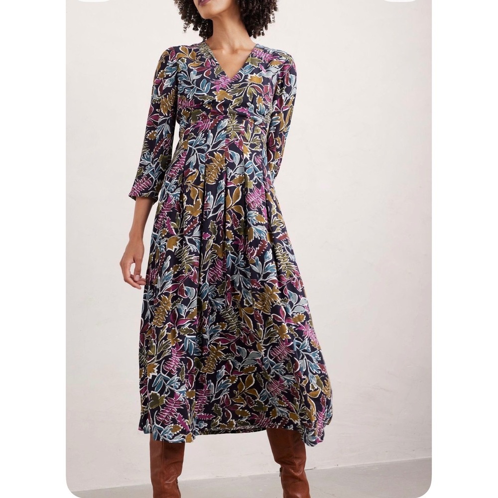 Seasalt Cornwall Etta Dress Womens 12 Navy Botanical Leaf Midi V-Neck Viscose